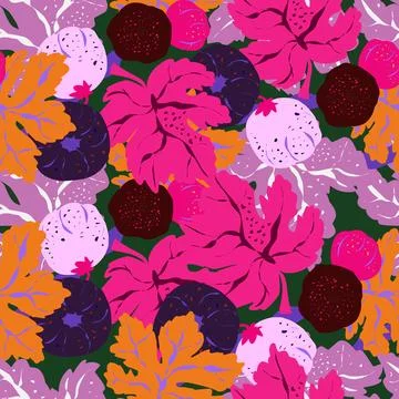 Seamless pattern featuring fig branches, stylized leaves, and fruits. Elegant Illustrazione stock