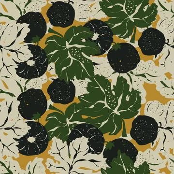 Seamless pattern featuring fig branches, stylized leaves, and fruits. Elegant Illustrazione stock