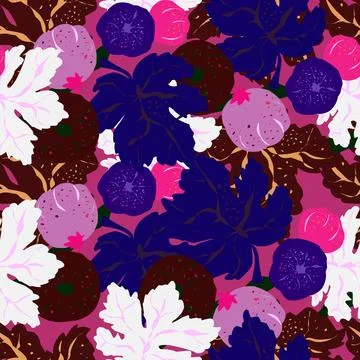 Seamless pattern featuring fig branches, stylized leaves, and fruits. Elegant Illustrazione stock