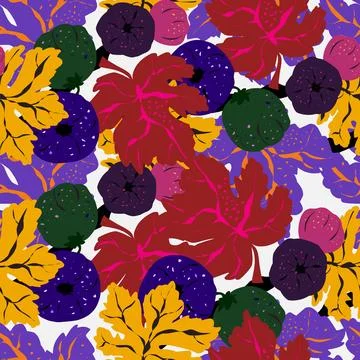 Seamless pattern featuring fig branches, stylized leaves, and fruits. Elegant Stock Illustration