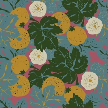 Seamless pattern featuring fig branches, stylized leaves, and fruits. Elegant Illustrazione stock