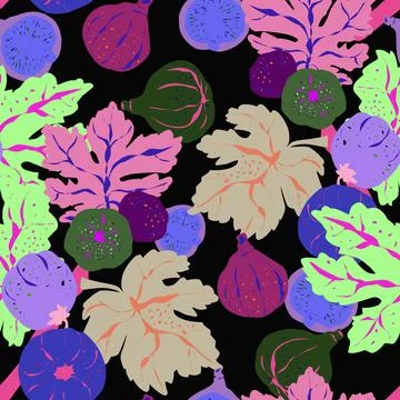 Seamless pattern featuring fig branches, stylized leaves, and fruits. Elegant 스톡 일러스트