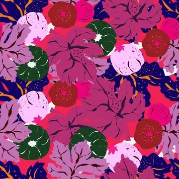 Seamless pattern featuring fig branches, stylized leaves, and fruits. Elegant Illustrazione stock