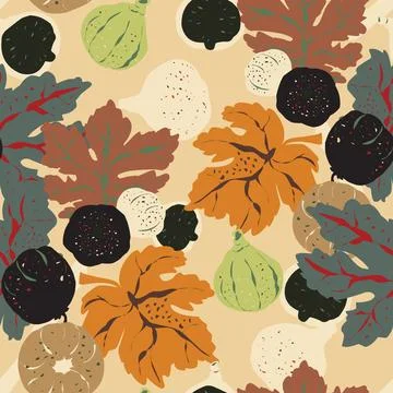 Seamless pattern featuring fig branches, stylized leaves, and fruits. Elegant Illustrazione stock