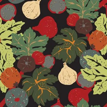 Seamless pattern featuring fig branches, stylized leaves, and fruits. Elegant Illustrazione stock