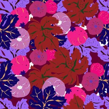 Seamless pattern featuring fig branches, stylized leaves, and fruits. Elegant イラスト素材