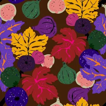 Seamless pattern featuring fig branches, stylized leaves, and fruits. Elegant 스톡 일러스트