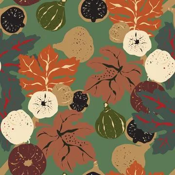 Seamless pattern featuring fig branches, stylized leaves, and fruits. Elegant Illustrazione stock