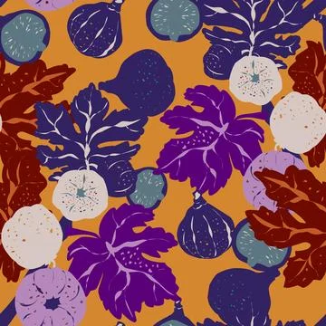 Seamless pattern featuring fig branches, stylized leaves, and fruits. Elegant 스톡 일러스트