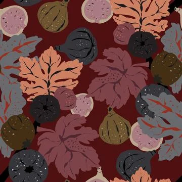 Seamless pattern featuring fig branches, stylized leaves, and fruits. Elegant イラスト素材