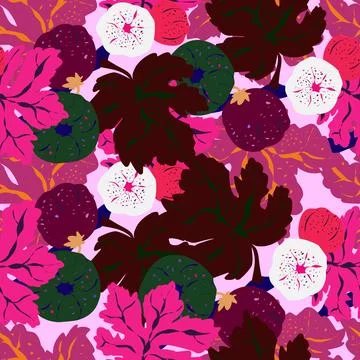 Seamless pattern featuring fig branches, stylized leaves, and fruits. Elegant 스톡 일러스트