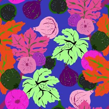 Seamless pattern featuring fig branches, stylized leaves, and fruits. Elegant Stock Illustration