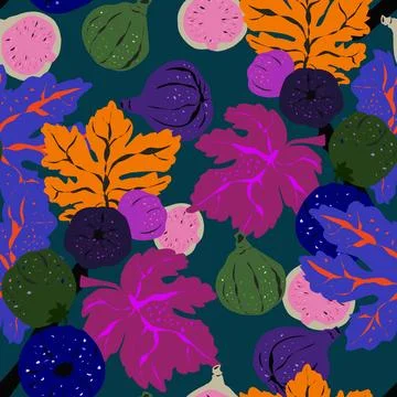Seamless pattern featuring fig branches, stylized leaves, and fruits. Elegant Illustrazione stock
