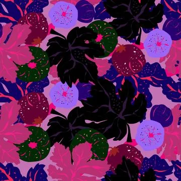Seamless pattern featuring fig branches, stylized leaves, and fruits. Elegant Illustrazione stock