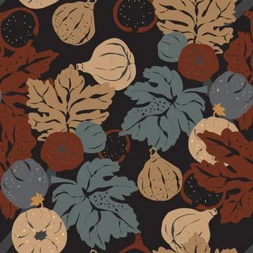 Seamless pattern featuring fig branches, stylized leaves, and fruits. Elegant 스톡 일러스트