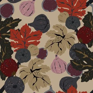 Seamless pattern featuring fig branches, stylized leaves, and fruits. Elegant 스톡 일러스트