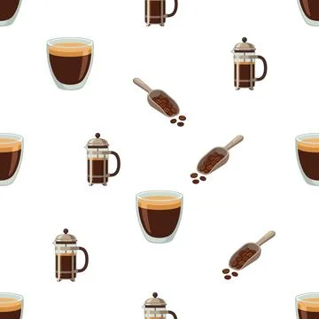 Seamless Pattern Featuring French Press Coffee Makers and Coffee Beans. Stock Illustration
