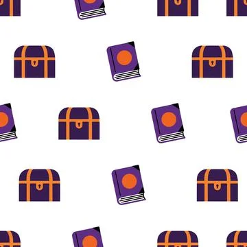 Seamless Pattern Featuring Halloween Themed Treasure Chests and Spell Books. Stock Illustration