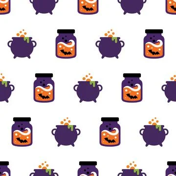 Seamless Pattern Featuring Halloween Witch Cauldrons and Magic Potions. Stock Illustration
