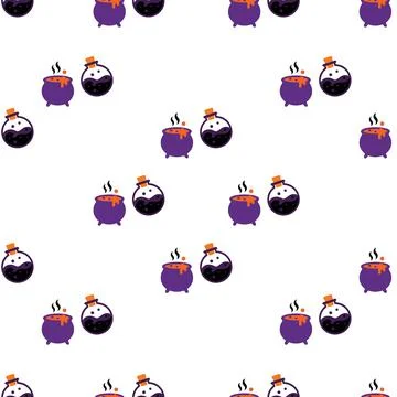 Seamless Pattern Featuring Halloween Witch Cauldrons and Magic Potions. Illustrazione stock