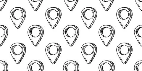 A seamless pattern featuring hand-drawn doodle-style location pins arranged o Stock Illustration
