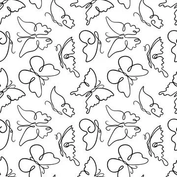 Seamless pattern featuring hand-drawn butterfly outlines with elegant conto.. Stock Illustration