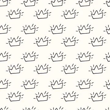 Seamless pattern featuring hand-drawn crowns in black outlines on a light bac Stock Illustration