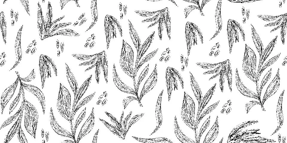 A seamless pattern featuring hand-drawn leaves and branches. The monochrome d Stock Illustration
