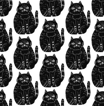 A seamless pattern featuring hand-drawn evil black cats. This monochrome desi Illustrazione stock