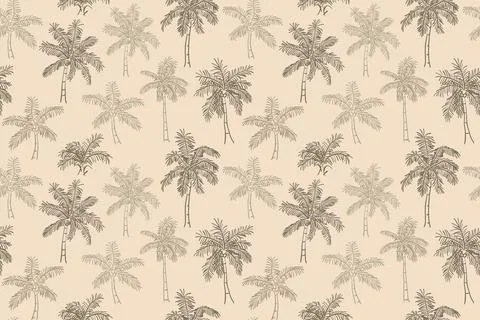 Seamless pattern featuring hand drawn brown palm trees on a beige background. 库存插图