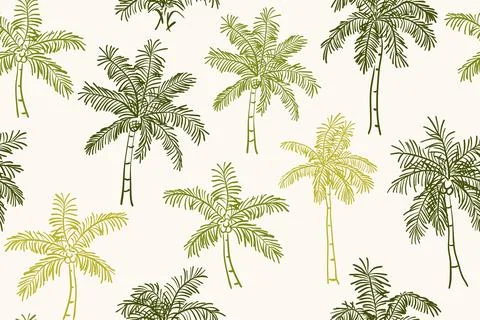 Seamless pattern featuring hand drawn green palm trees on a cream background. 스톡 일러스트