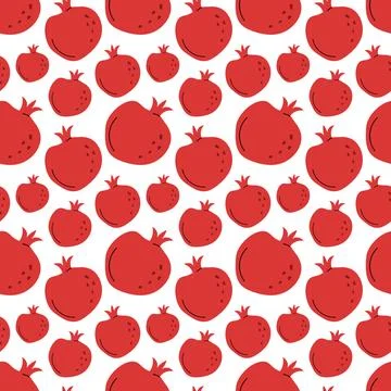 Seamless pattern featuring hand-drawn red pomegranate silhouettes on a white  Stock Illustration