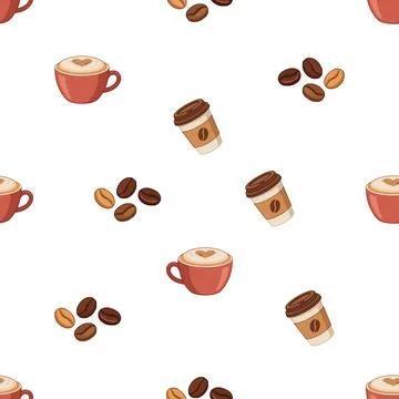 Seamless Pattern Featuring Hand Drawn Coffee Cups and Roasted Coffee Beans. Stock Illustration