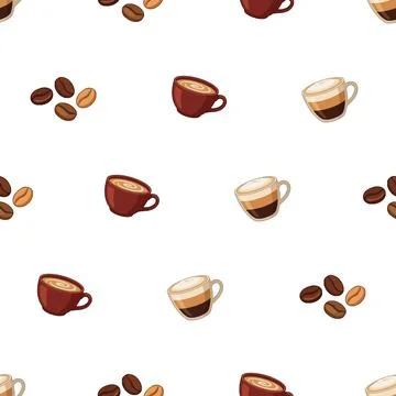 Seamless Pattern Featuring Hand Drawn Coffee Cups and Roasted Beans on Whit.. Stock Illustration