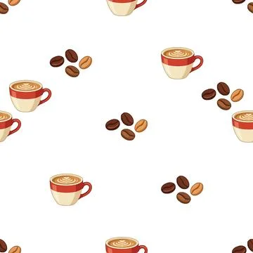 Seamless Pattern Featuring Hand Drawn Coffee Cups and Roasted Coffee Beans. Stock Illustration
