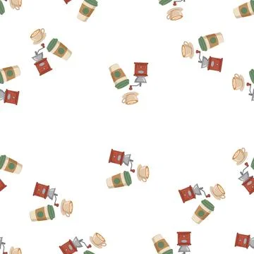 Seamless Pattern Featuring Hand Drawn Coffee Elements Including Cups Grinde.. Illustrazione stock