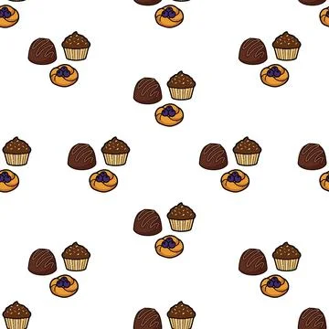 Seamless Pattern Featuring Hand Drawn Bakery Pastry and Dessert Items. Stock Illustration