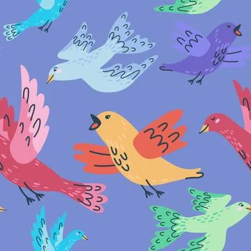 Seamless pattern featuring handdrawn cute colorful birds Stock Illustration