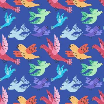 Seamless pattern featuring handdrawn cute colorful birds Stock Illustration