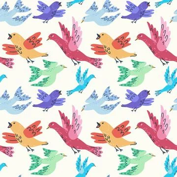 Seamless pattern featuring handdrawn cute colorful birds Stock Illustration