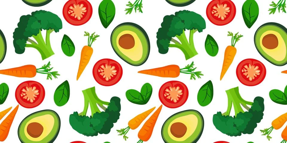 Seamless pattern featuring healthy vegetables, including avocado, broccoli,.. Stock Illustration