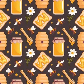 A seamless pattern featuring honey jars, honey toast, daisies, and bees on a Stock Illustration