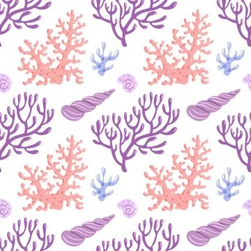 Seamless pattern featuring intricate corals, seashells, showcasing a harmon.. Illustrazione stock