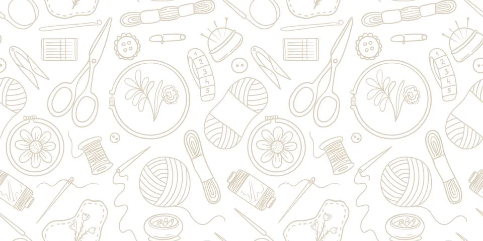 Seamless pattern featuring knitting, sewing, and embroidery elements Illustration