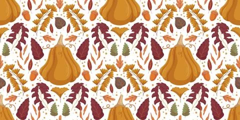 Seamless pattern featuring large butternut squash surrounded by various fall Stock Illustration