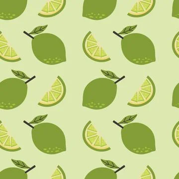Seamless pattern featuring lime and lime slices on green background. Perfec.. Stock Illustration