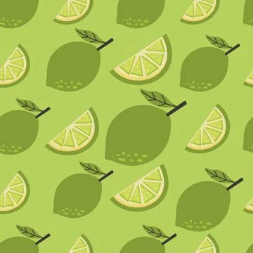 Seamless pattern featuring lime and lime slices on green background. Perfec.. Stock Illustration