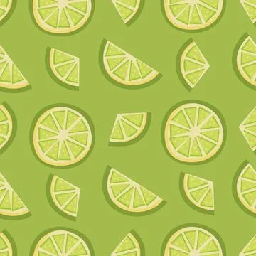 Seamless pattern featuring lime slices and wedges on a green background. Pe.. Illustrazione stock