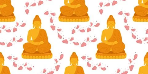 A seamless pattern featuring meditating Buddha figures with scattered pink .. Stock Illustration