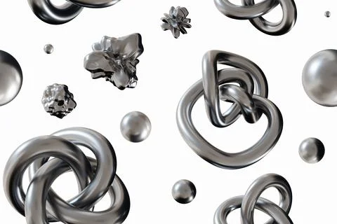 Seamless pattern featuring metallic chrome abstract shapes, including knots,  Illustrazione stock